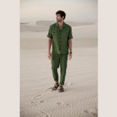 Mens green linen button down shirt and pants / Custom green linen suit / Casual pant suit for men plus size / Linen loungewear set