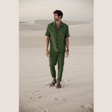 Mens green linen button down shirt and pants / Custom green linen suit / Casual pant suit for men plus size / Linen loungewear set