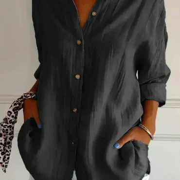 Classic Pleated Textured Single-Breasted Lapel Shirt for Women